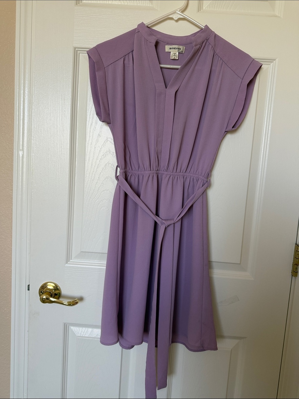 Monteau Lavender Short Sleeve Belted Midi Dress